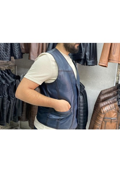 Nyc Giyim Tekstil & Deri Hakiki Deri Lacivert Renk Yelek Slim Fit Kesim Lacivert