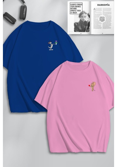 Unisex Kadın Erkek Çiçekli Tom Ve Jerry Baskılı Sevgili Çift Kombini Tasarım Oversize Tshirt 2'li Pembemavi Mck0144 Çok Renkli