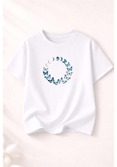 Herkesemoda Kelebek Döngüsü Baskı Detaylı Kadın Bisiklet Yaka Pamuklu T-shirt Beyaz
