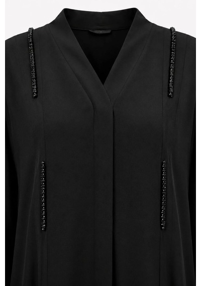 Nazzain Siyah Dubai İpeği Minimal Taş Detaylı Abaya Çok Renkli