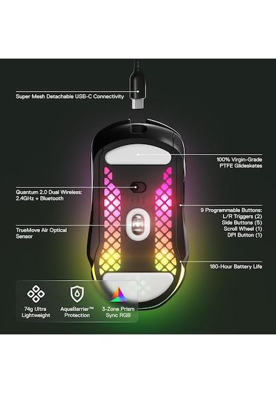 Steelseries Aerox 5 Wireless Gaming Mouse - 74 Gram, 9 Tuşlu - Bl