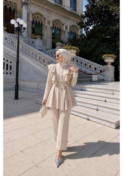 Unika Boutique Fırfır Detaylı Düğmeli Tesettür Takım Bej