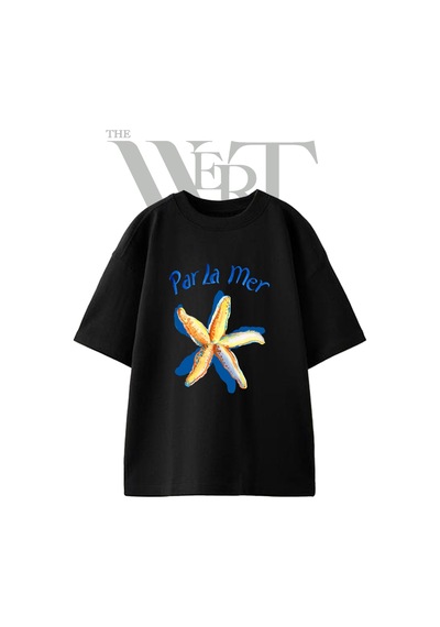Thewert Watercolor Starfish Tasarım Baskılı Ünisex Siyah Oversize T-shirt
