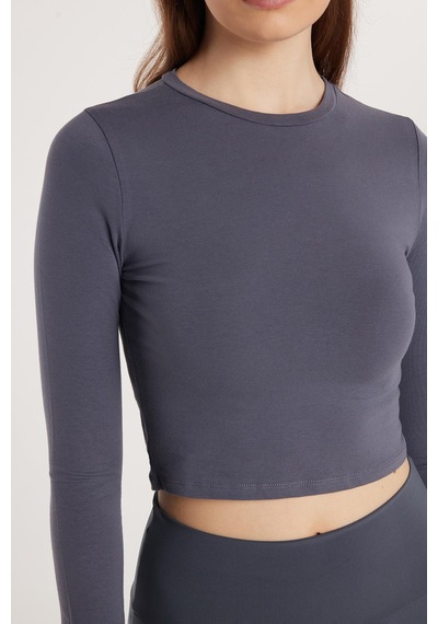 Tudors Kadın Slim Fit Pamuklu Düz Bisiklet Yaka Antrasit Bluz-33732 Antrasit