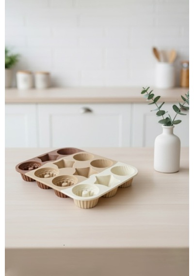 12'li Silikon Cupcake Kalıbı Kek Ve Kurabiye Kalıp Seti Çok Amaçlı Pişirme Kalıbı Bej