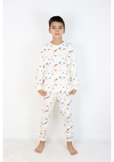Harika Kids Erkek Çocuk Baskılı İnterlok Kumaş Uzun Kollu Pijama Takımı Beyaz - Gri