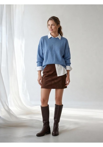 Nealirsanall.com Kadın Yüksek Bel Slim Fit Süet Mini Etek Kahverengi