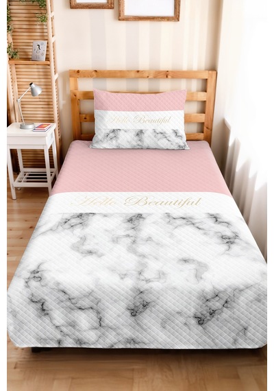 Pembe Mermer Modern Genç Odası Tek Kişilik Pike Takımı - Beyaz Gri 160x220 Cm Kapitone Yatak Örtüsü Lacivert