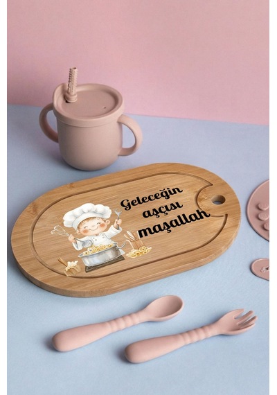 Sevimli Aşçı Çocuk Temalı Kişiye Özel İsimli Bebek Kahvaltı Tepsisi Figür 2