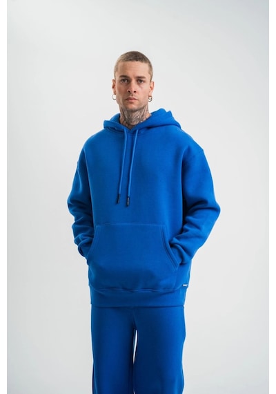 Mbb E-ticaret Erkek 3 İplik Oversize Kapşonlu Basic Sweatshirt Hoodie - Mavi