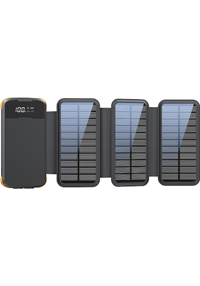 20000mah Solar Powerbank - Katlanabilir 4 Panel, Darbeye Dayanıklı Kasa Ve Fenerli Kamp Şarj Aleti Siyah Turuncu
