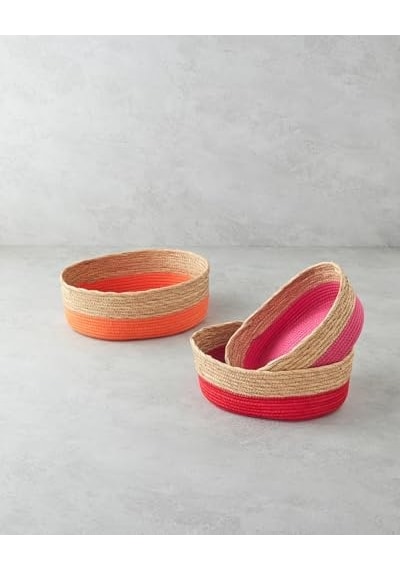 Colorful Lines Kağıt İp Sepet Pembe Açık Ahşap