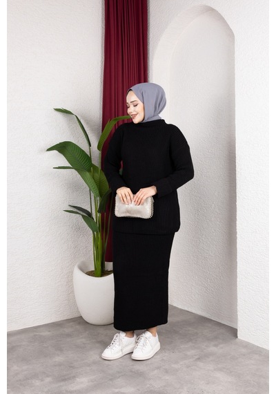 Hira Life Fashion Kadın Bel Lastikli Kolu Katlı Ve Kalem Etek İle Tunik Triko İkili Alt-üst Takım Siyah Siyah Hira Life Fashion Kadın Bel Lastikli Kolu Katlı Ve Kalem Etek İle Tunik Triko İkili Alt-üst Takım Siyah Siyah