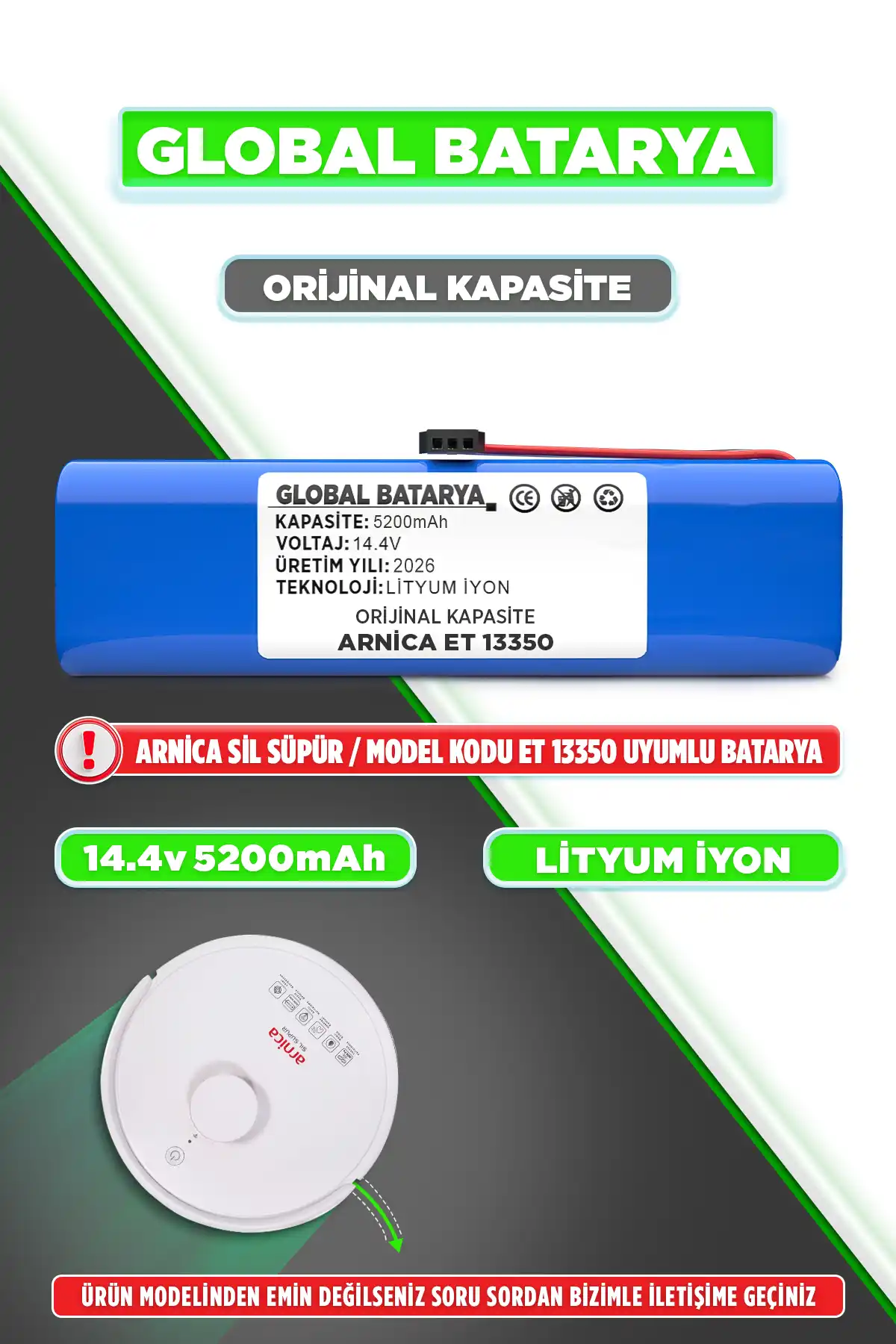 Arnica Sil Süpür Et13350 Uyumlu Robot Süpürge Bataryası 14.4v 5200mah Pil  Kapasite