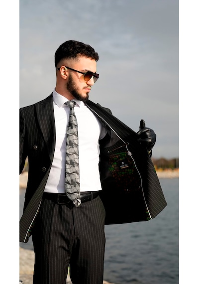 Dupont Classics Dupont Erkek Slim Fit 6 Drop Çizgili Kruvaze Viskon Çift Yırtmaç Takım Elbise Siyah
