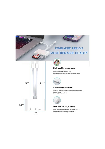Sd Kart Okuyucu, İphone, İpad İçin Sd Kart Adaptörü, Lightning Ve Usb C Kamera Adaptörlü Hafıza Kartı Okuyucu, Sd/micro Sd/usb 3.0 Destekler, Uygulama Sürücüsü Gerekmez