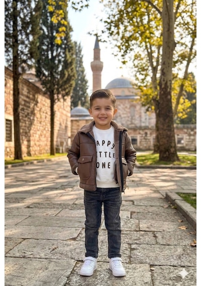 Erkek Çocuk Kahverengi Kürklü İçi Yünlü Deri Mont 3 Lü Takım Kahverengi