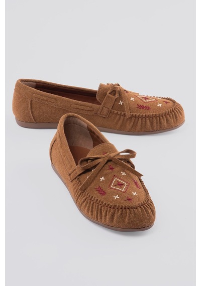 Kadın Süet Loafer Nakışlı Bağcıklı Ayakkabı Helia Taba Taba