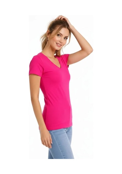 Efnaz Style 3lü V Yaka Tişört Kısa Kollu Yazlık Slim Fit Body - Pembe, Açık Mavi, Ekru Çok Renkli