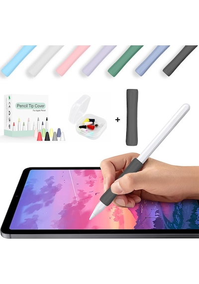 Apple Pencil 1-2 Nesil Pro Usb-c Uyumlu Soft Yumuşak Silikon Kalem Tutucu Ve 8'li Kalem Ucu Koruyucu Siyah