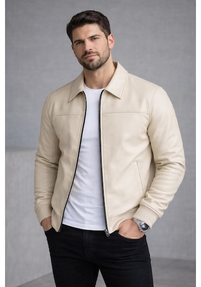 Baselco Basic Slim Fit Polo Yaka Süet Ceket Krem Deri