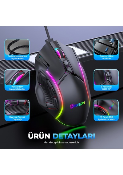 Mkespn X15 Gaming Mouse 12800 Dpı 12 Tuş Makro 1000hz Rgb - Siyah Diğer
