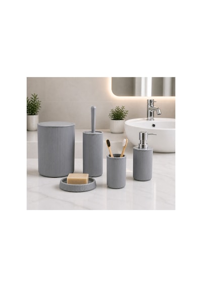 5 Li Banyo Seti Çizgili Tasarım 6,25 L Çöp Kovası + Wc Fırçası + Sıvı Sabunluk + Diş Fırçalık + Katı Sabunluk Modern Banyo Aksesuar Seti Gri 5 Li Banyo Seti Çizgili Tasarım 6,25 L Çöp Kovası + Wc Fırçası + Sıvı Sabunluk + Diş Fırçalık + Katı Sabunluk Modern Banyo Aksesuar Seti Gri
