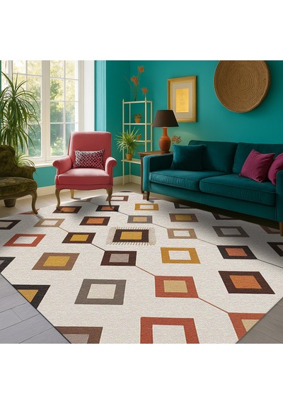 Turkıshrug Kıngdom Çok Renkli Şönil Halı El Halısı Görünümlü Saçaklı Modern Kilim