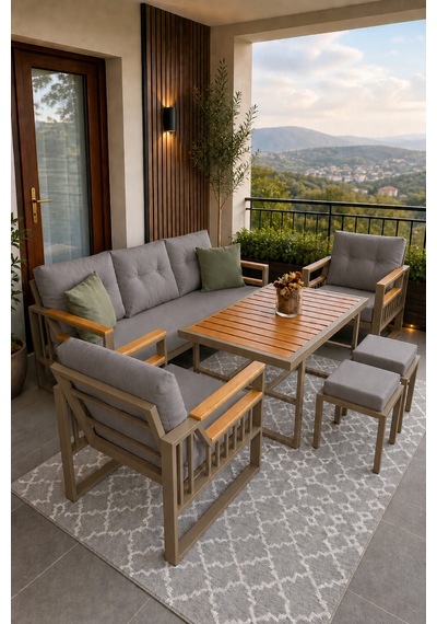 Esinti Serisi Balkon Takımı, 3-1-1 Cappuccino Bahçe Takımı, 3'lü Koltuk 70x180, 2 Tekli Koltuk 70x70, Masa 70x110, 2 Puf Gri Esinti Serisi Balkon Takımı, 3-1-1 Cappuccino Bahçe Takımı, 3'lü Koltuk 70x180, 2 Tekli Koltuk 70x70, Masa 70x110, 2 Puf Gri