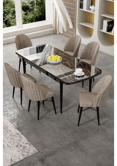 Canisa Gale Serisi 80x132 Açılabilir Lak Panel Siyah Mermer Desen Mutfak Masa Takımı 6 Cappucino Sandalye Masa Siyah Mermer Desen Sandalye Cappucino Canisa Gale Serisi 80x132 Açılabilir Lak Panel Siyah Mermer Desen Mutfak Masa Takımı 6 Cappucino Sandalye Masa Siyah Mermer Desen Sandalye Cappucino