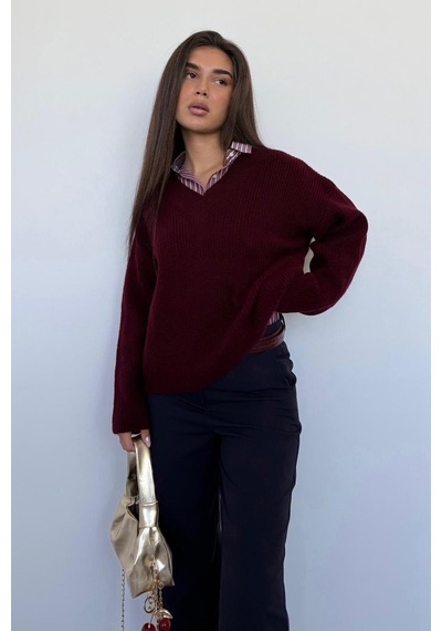 Madmext Bordo V Yaka Triko Kadın Kazak Mg2501 Bordo