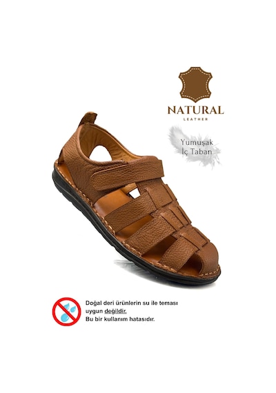 Sermoda %100 Hakiki Deri Burnu Kapalı Erkek Sandalet Şırıngıl Taba