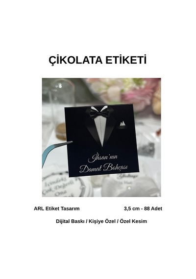Damat Bohçası Siyah Çikolata Etiketi 3,5 Cm 88 Adet - Arl Etiket Tasarım Beyaz