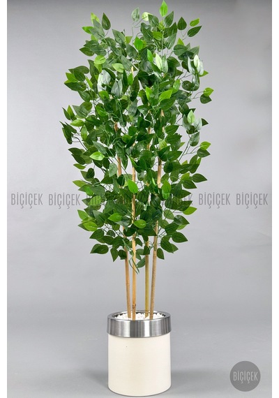 Yapay Benjamin Ağacı 140cm Krem Gümüş Metal Saksıda Krem-silver