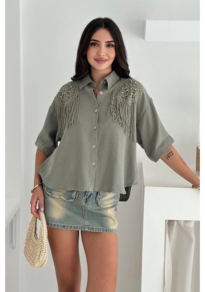 Asprin Fashion Yıkamalı Keten Gömlek Haki Haki