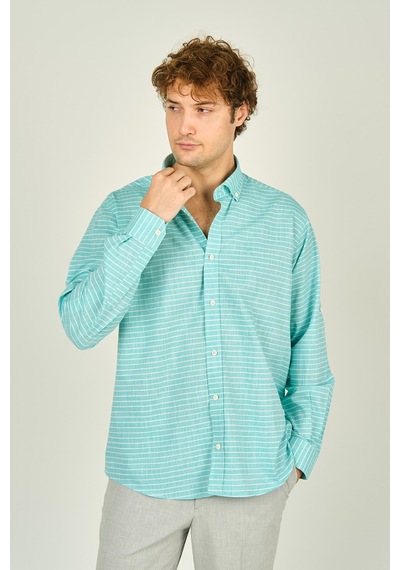 Figs Erkek Slim Fit Çizgili Uzun Kollu %100 Pamuk Gömlek 0015 Mint Mint