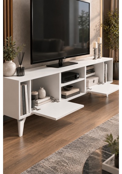 Sulorahome Gümüş Çizgili Beyaz Tv Sehpası 160 Cm Beyaz - Gümüş
