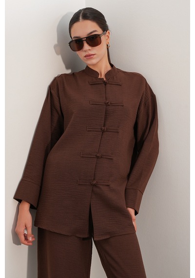 Bigdart Kadın Oversize Gömlek Pantolon Keten İkili Takım 30126 - Kahverengi