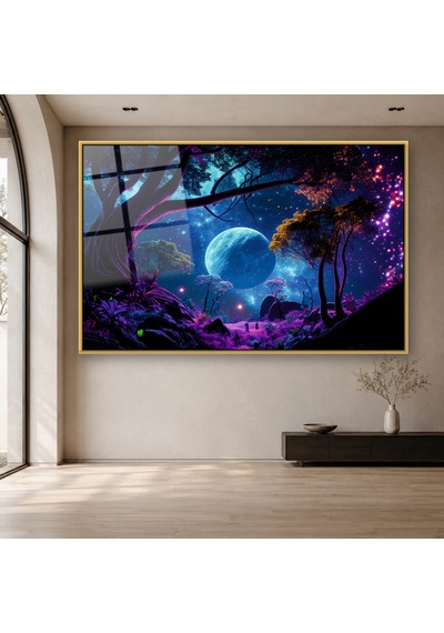 Neon Işıklı Fantastik Orman Gold Çerçeveli Cam Tablo
