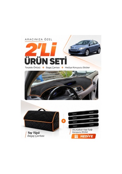 Renault Megane 3 Küçük Ekran 2008-2015 Uyumlu Torpido Örtüsü Tay Tüyü Çanta - Siyah Kahverengi