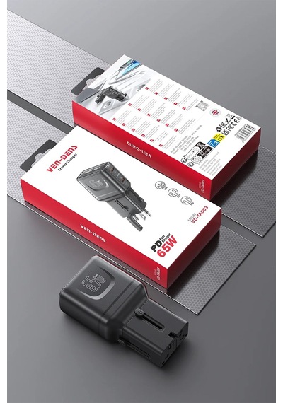 Ven-dens Vd-ta003 65 W Pd Pps 4 Ü 1 Arada Seyahat Adaptörü, 2 Usb-c Ve 1 Usb-a Port, Abd, Siyah