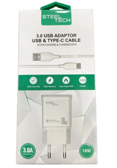 Steeltech 3.0a Usb Adaptör Usb & Type-c Şarj Kablosu 18w Qualcomm Hızlı Şarj Ve Akıllı Koruma 18W Şarj Seti (Adaptör+Kablo)