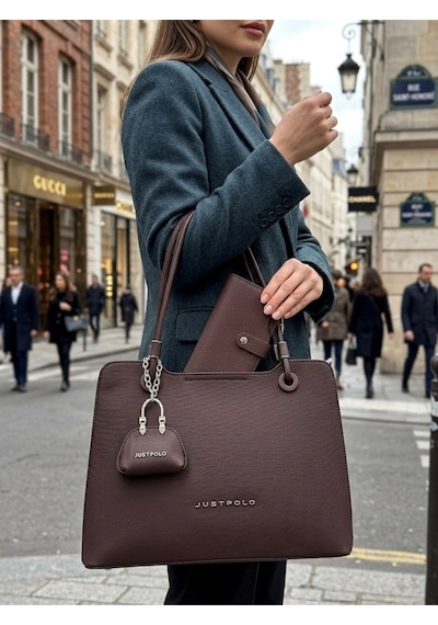 Just Polo Kadın Büyük Boy Premium Gümüş Logolu El Çantası Ve Cüzdanı Kombin Tote Bag Ebat : 22 X 34 Cm Kahverengi