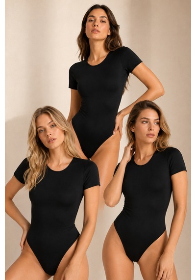 Loule Kadın 3'lü Siyah Kısa Kollu Bisiklet Yaka Pamuklu Kancalı Body