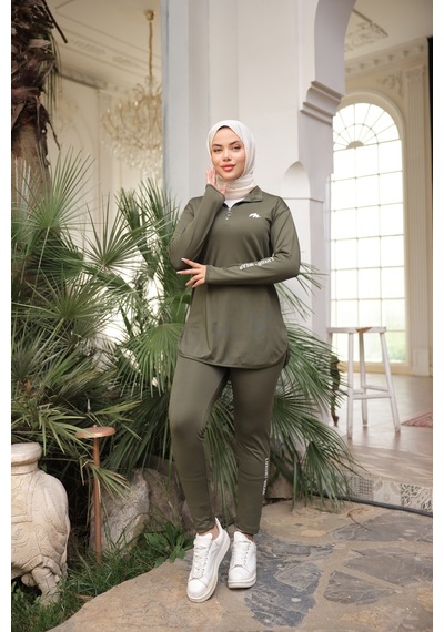 Mimi Luxury Wear Haki Kadın Fermuarlı Dalgıç Kumaş Standart Kalıp Jogger Eşofman Takımı 358