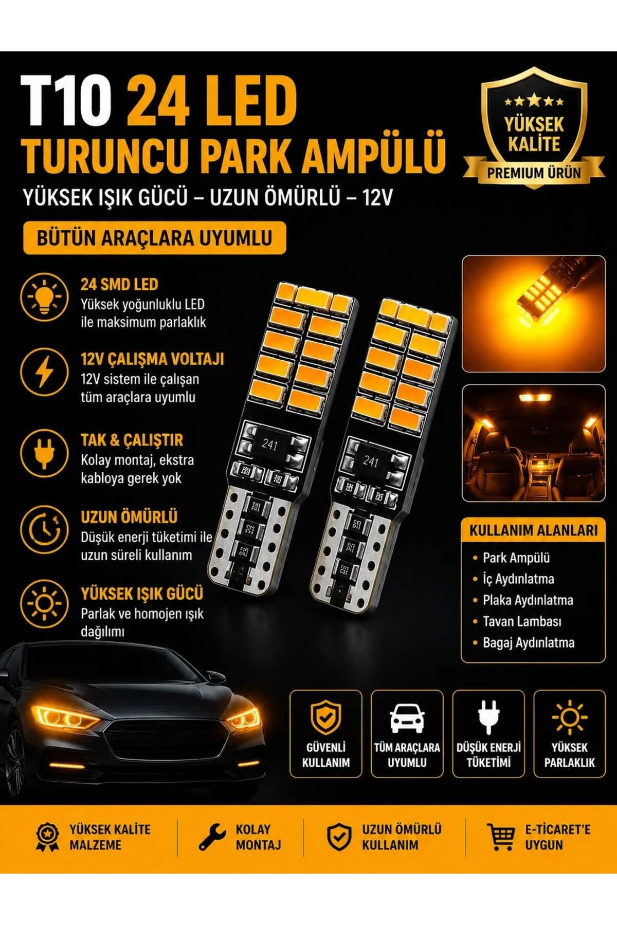 T10 24 Led Turuncu Canbus Lı Ultra Yüksek Işık Turuncu