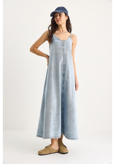Kadın İnce Askılı Uzun Denim Elbise 6058 60281039 - Kar Yıkama