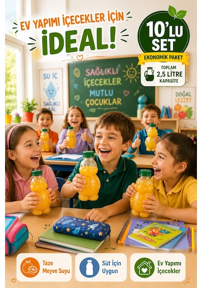 10'lu Set Şeffaf Kaplumbağa Şişe Yeşil Kapaklı Pet İçecek Şişesi Çocuk Beslenme Matarası 250 Ml