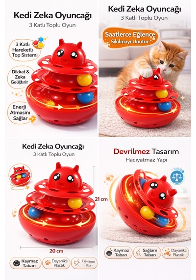 Hacıyatmaz Kedi Oyuncağı 3 Katlı Toplu Zeka Oyuncağı 20x21 Cm Devrilmez Interaktif Mama Oyuncağı