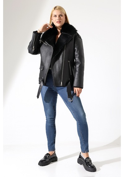M M Marki Marki Kadın Hakiki Deri Mont, Siyah, Oversize, İçi Kürklü, 74 Cm, Kemerli